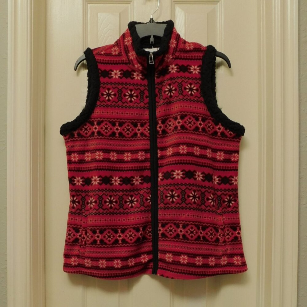 KIM ROGERS Womens Vest Red Fair Isle Full Zip Fleece Mock Neck Pockets PM NWOT
